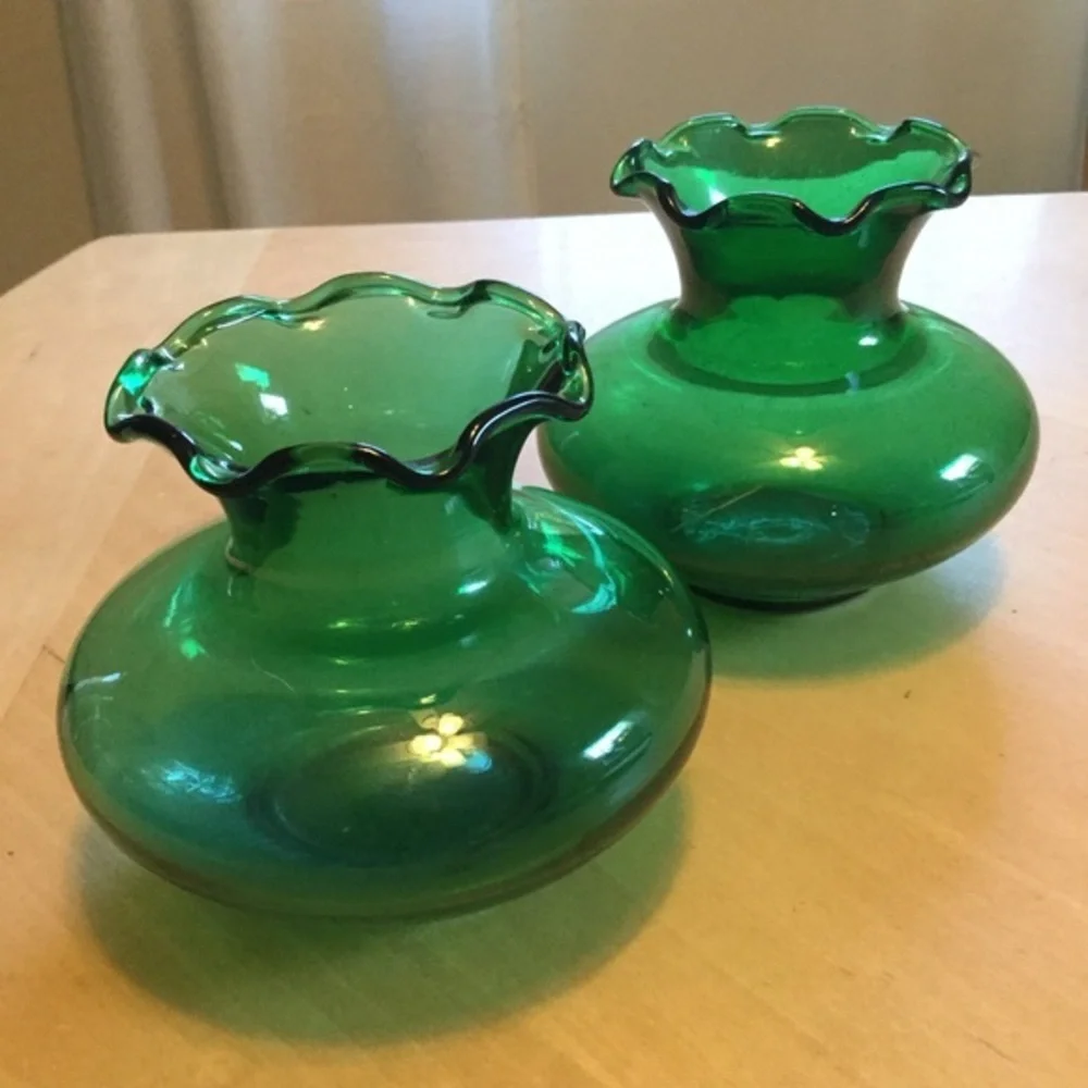Vintage Green Glass Vases Ruffled Top Set of 2